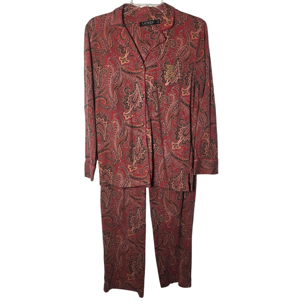 Lauren‎ Ralph Lauren Womens Red Paisley Pajama Set Small Crest Preppy Sleepwear